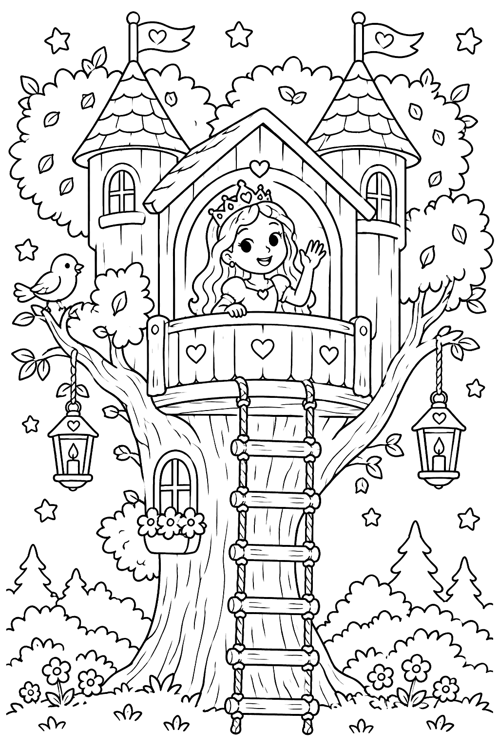 Princess waving from a cozy treehouse castle with a rope ladder and lanterns coloring page
