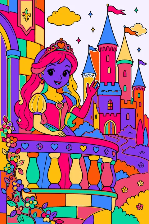 Princess waving from a castle balcony with tall towers and fluttering flags coloring page