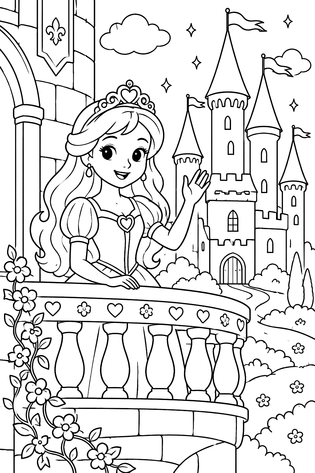 Princess waving from a castle balcony with tall towers and fluttering flags coloring page
