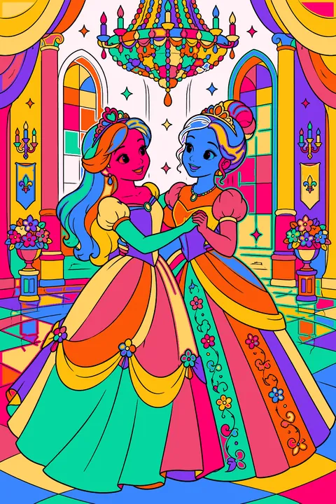 Two princesses dancing in a grand ballroom under a sparkling chandelier coloring page