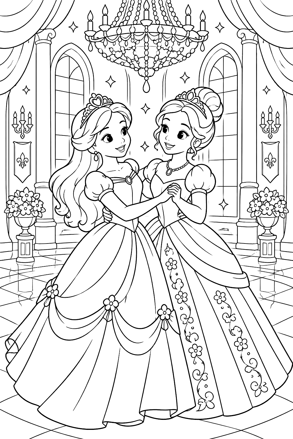 Two princesses dancing in a grand ballroom under a sparkling chandelier coloring page