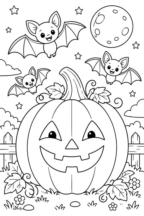 little bats flying around a big jack-o'-lantern coloring page