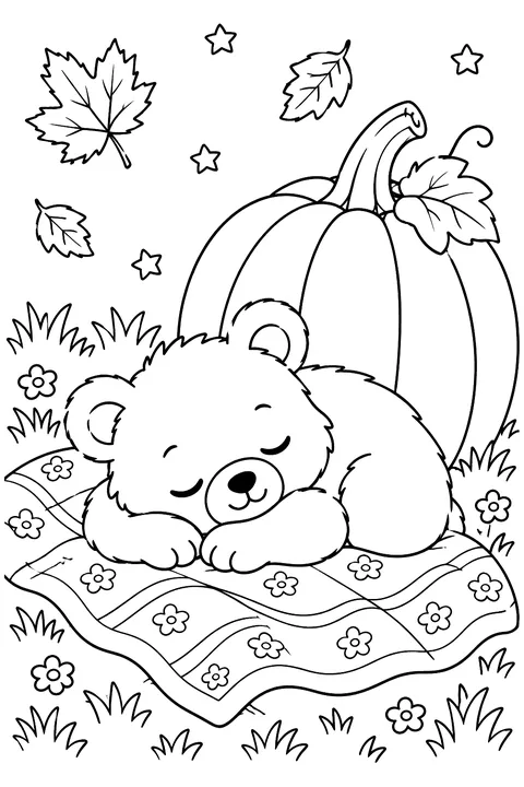 a bear cub sleeping on a blanket next to a big pumpkin coloring page