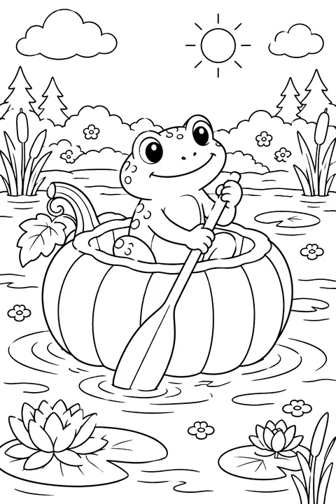 a pumpkin used as a boat with a frog paddling on a pond coloring page