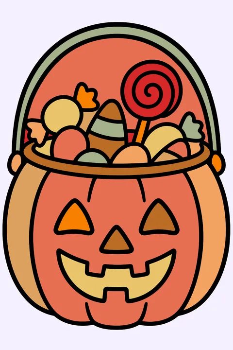 a pumpkin-shaped trick-or-treat bucket full of candy coloring page