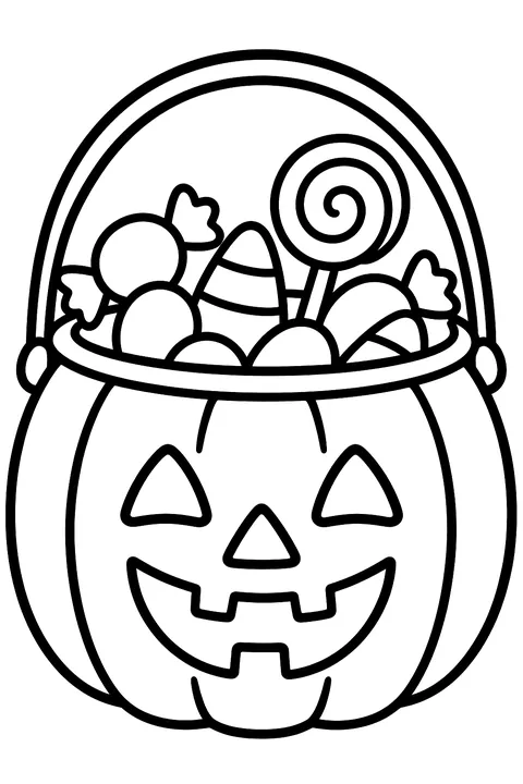 a pumpkin-shaped trick-or-treat bucket full of candy coloring page