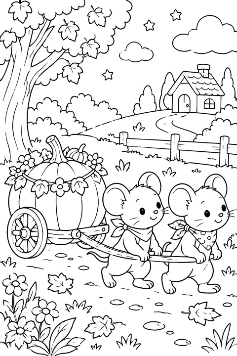 mice pulling a tiny pumpkin cart coloring page