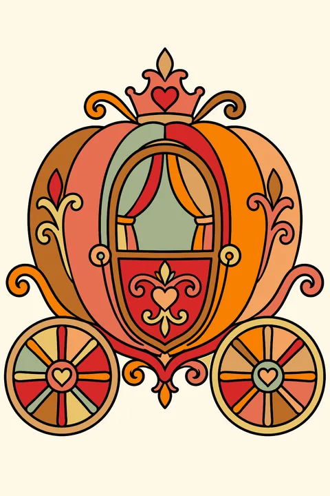 a fairytale pumpkin carriage with wheels and curly details coloring page