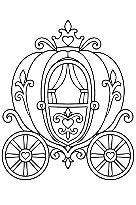 a fairytale pumpkin carriage with wheels and curly details coloring page