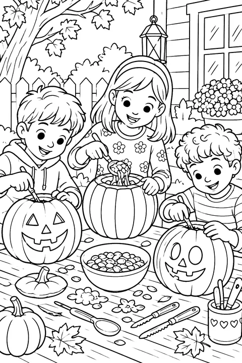 kids carving pumpkins at a table with tools and seeds coloring page
