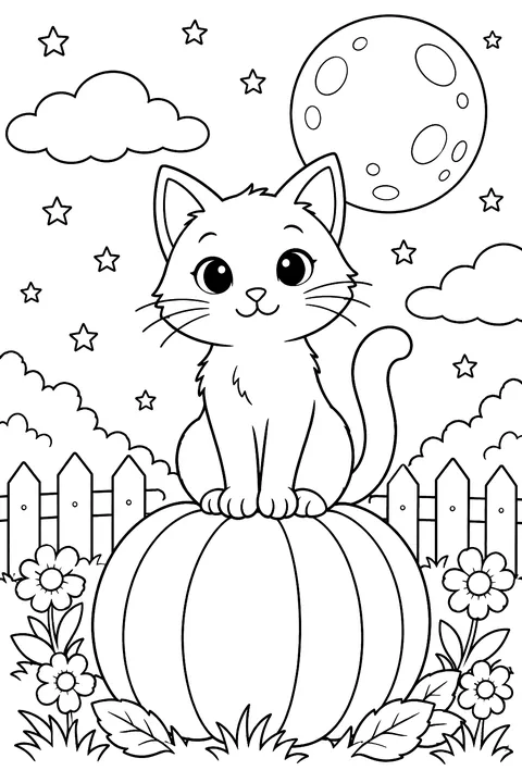 a black cat sitting on a pumpkin under the moon coloring page