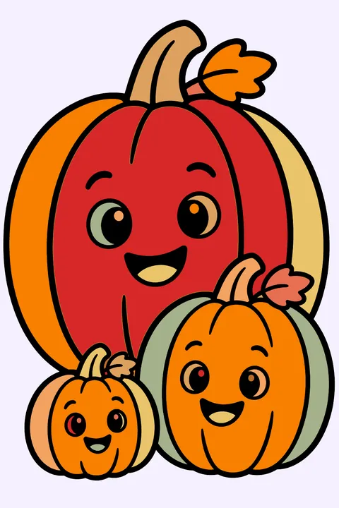 a pumpkin family: big, medium and tiny pumpkins with faces coloring page