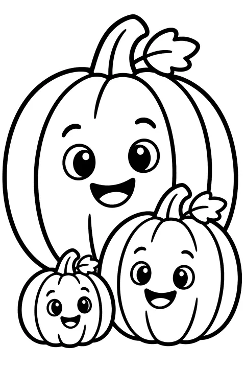 a pumpkin family: big, medium and tiny pumpkins with faces coloring page