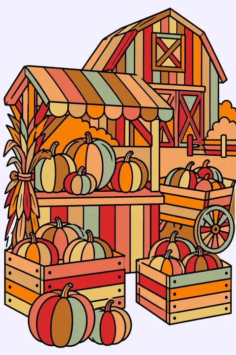 a farm stand selling pumpkins with crates and a barn coloring page