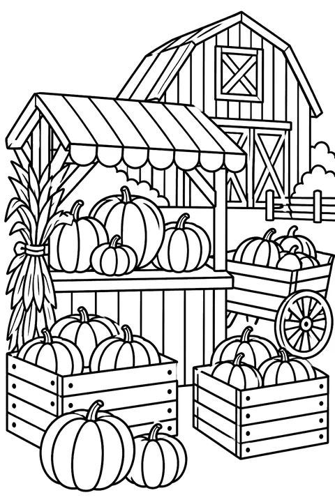 a farm stand selling pumpkins with crates and a barn coloring page