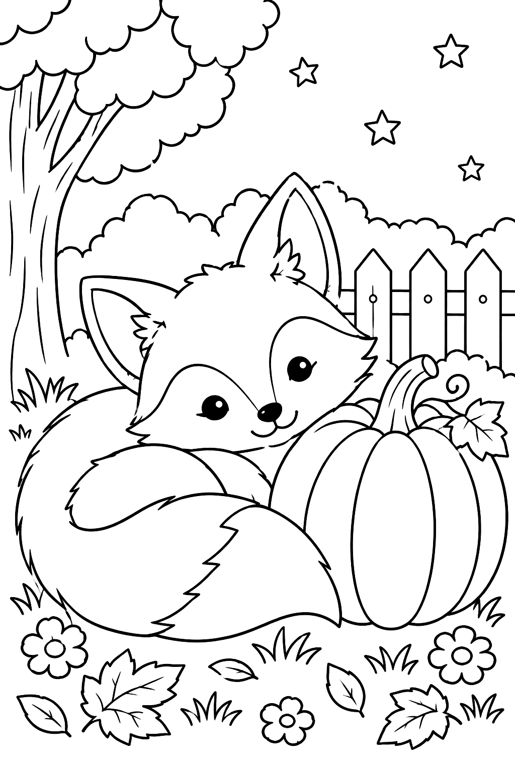 a fox curled up beside a pumpkin coloring page