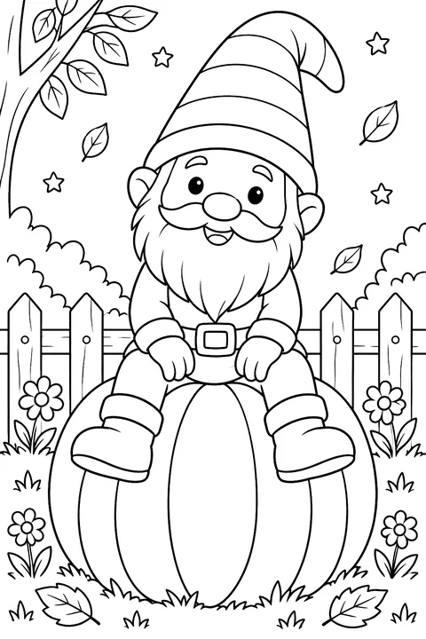 a garden gnome sitting on a pumpkin coloring page