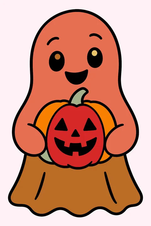 a friendly ghost holding a jack-o'-lantern coloring page
