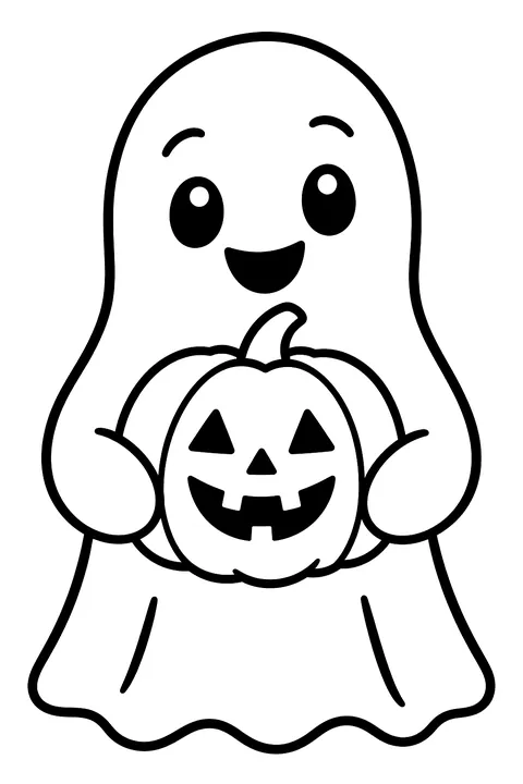 a friendly ghost holding a jack-o'-lantern coloring page