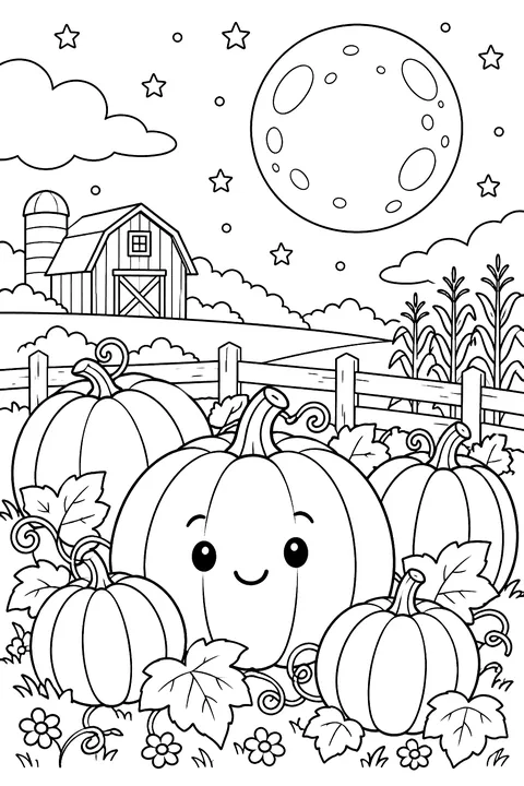 pumpkins in a field under a big harvest moon coloring page
