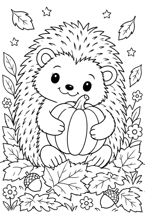 a hedgehog hugging a little pumpkin among leaves coloring page