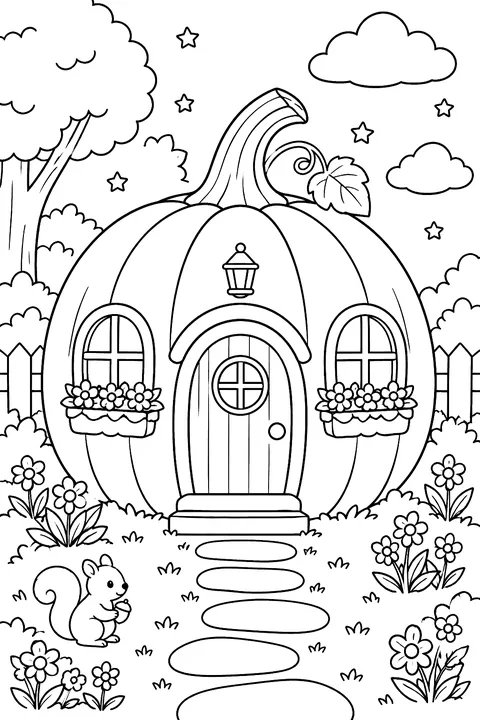 a cozy house made from a giant pumpkin with a door and windows coloring page