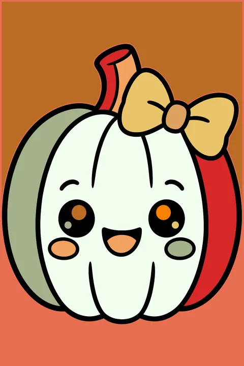 a kawaii pumpkin with a cute face and a bow coloring page
