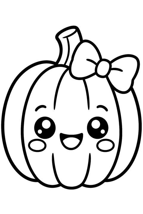 a kawaii pumpkin with a cute face and a bow coloring page
