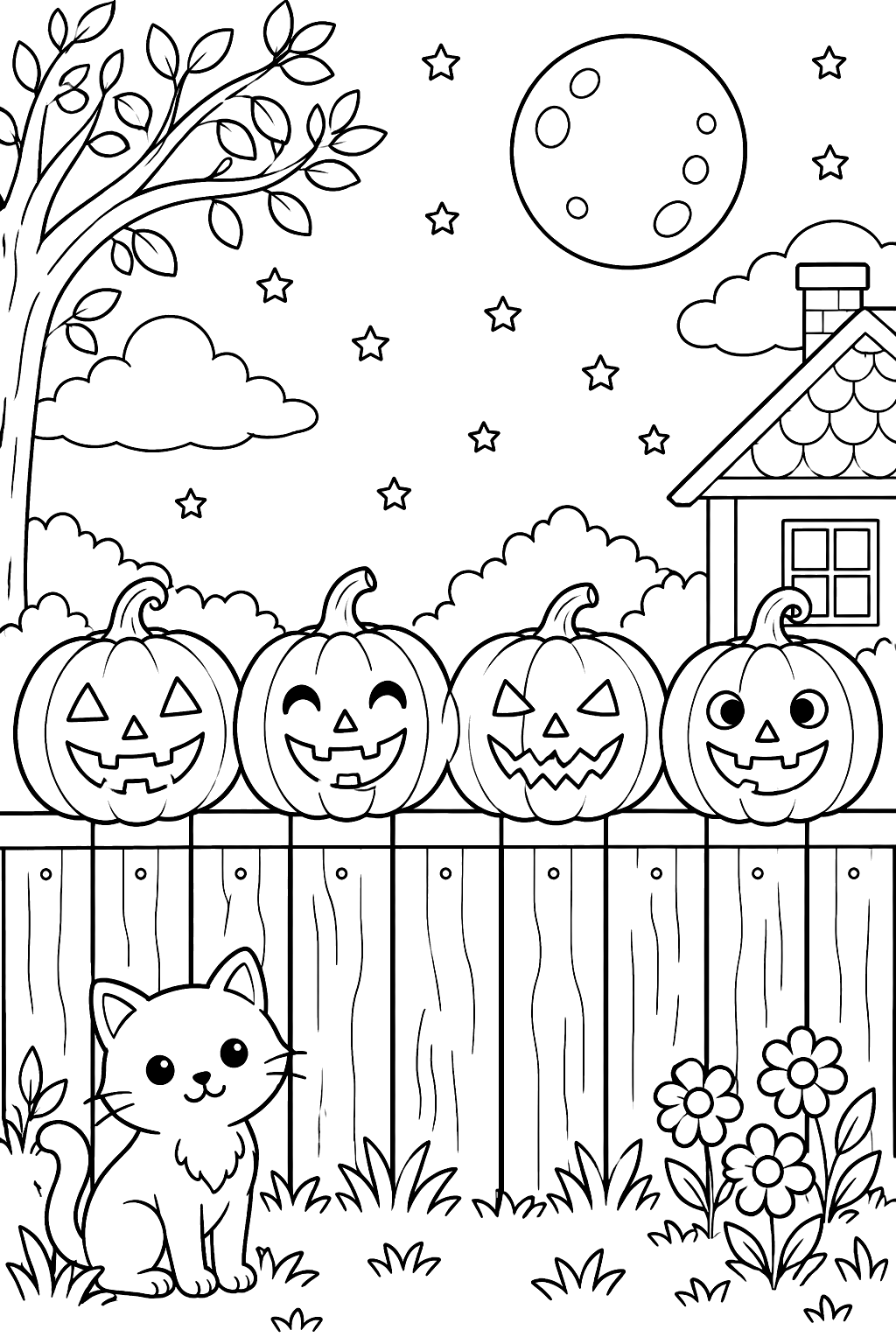 a row of glowing jack-o'-lanterns on a fence at night coloring page
