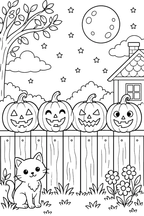 a row of glowing jack-o'-lanterns on a fence at night coloring page