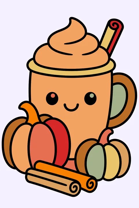 a cozy mug next to small pumpkins and cinnamon sticks coloring page