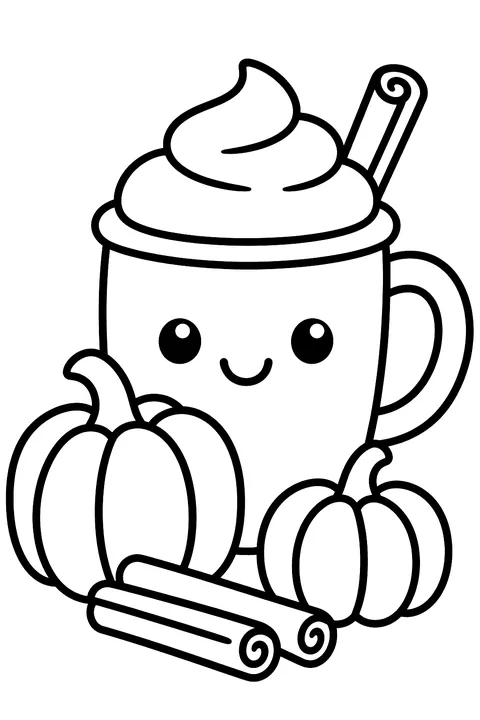 a cozy mug next to small pumpkins and cinnamon sticks coloring page