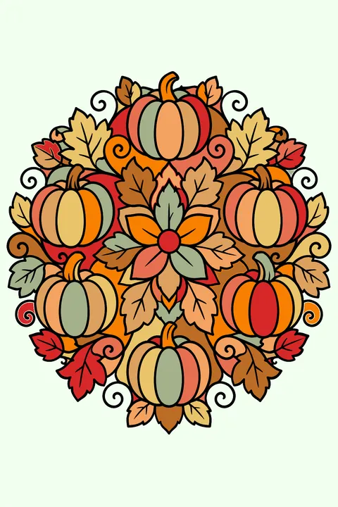 a circular mandala made of pumpkins, leaves and vines coloring page