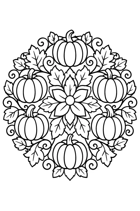a circular mandala made of pumpkins, leaves and vines coloring page