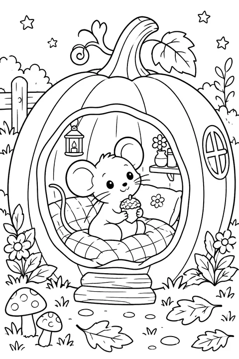 a mouse living inside a hollow pumpkin coloring page