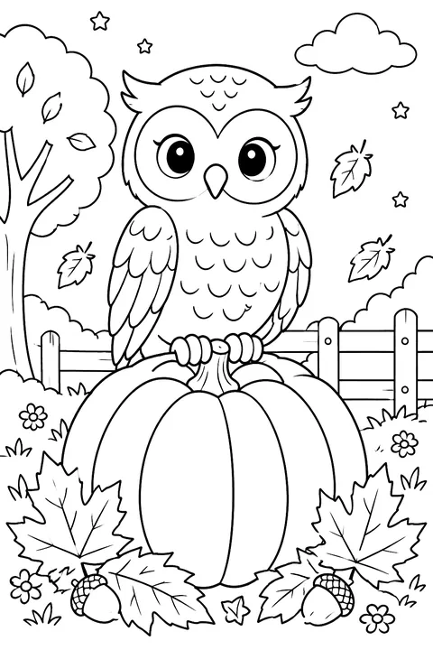 an owl perched on a big pumpkin with autumn leaves coloring page