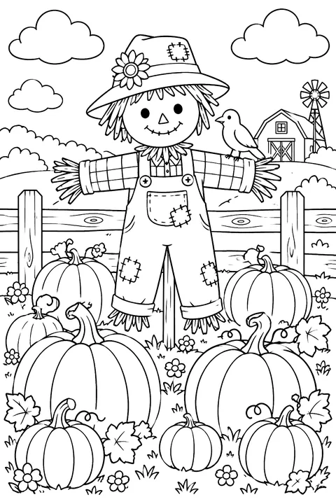 a pumpkin patch with many pumpkins, a fence and a scarecrow coloring page
