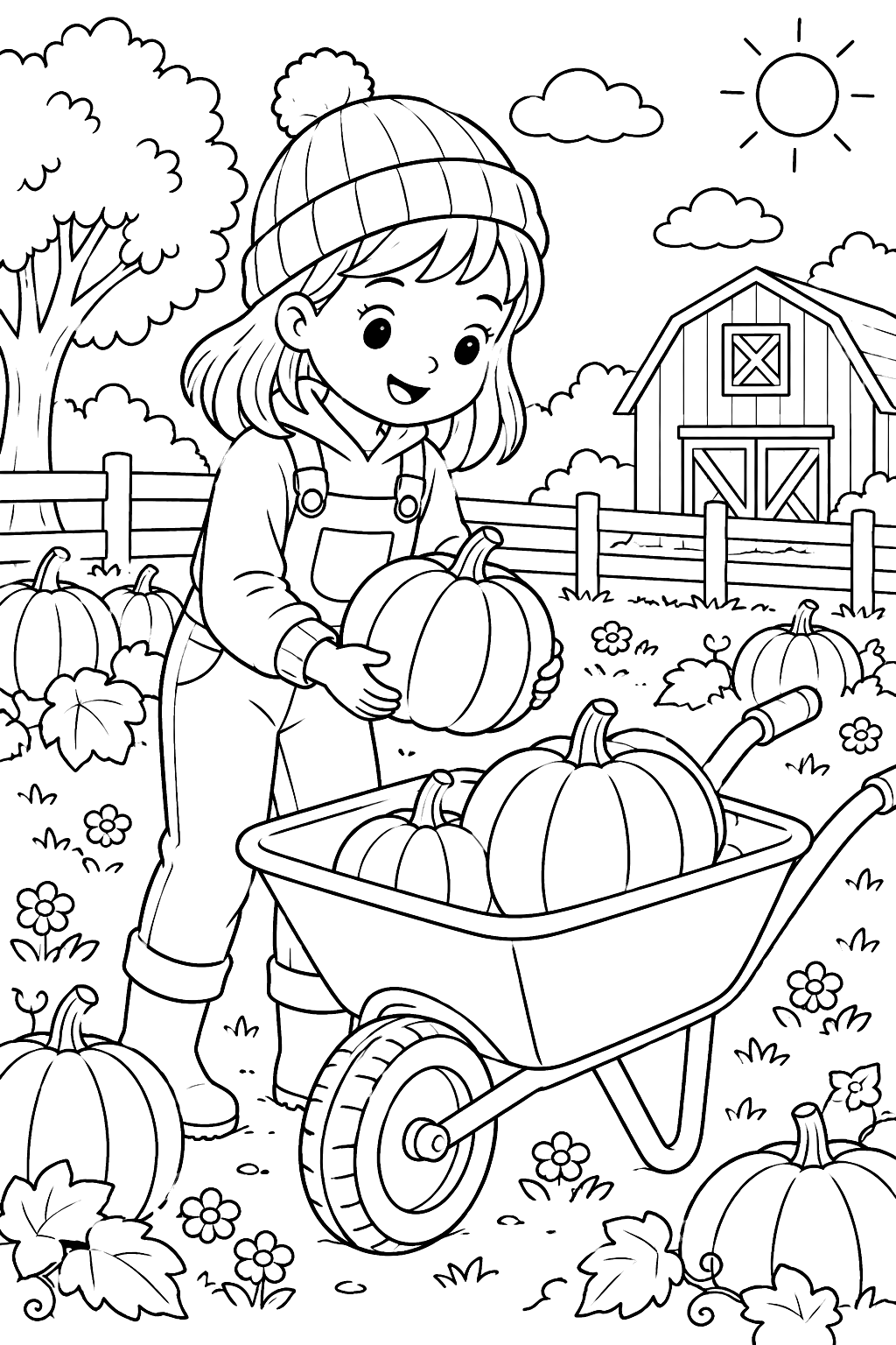 a child picking pumpkins with a wheelbarrow coloring page