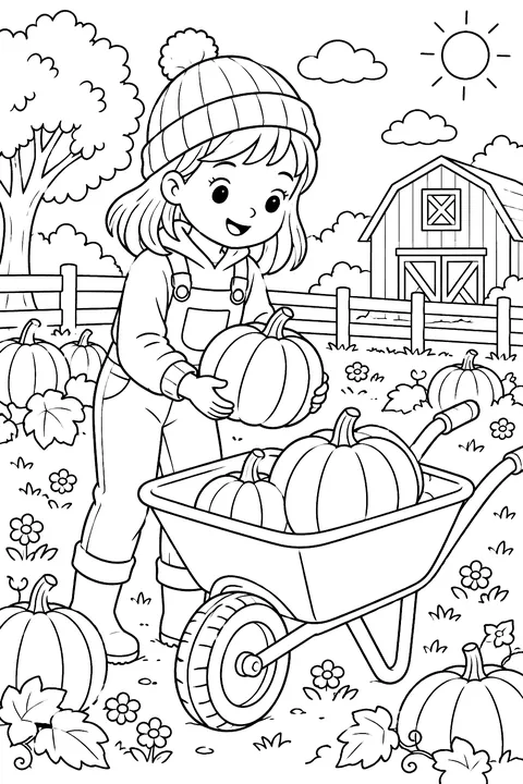 a child picking pumpkins with a wheelbarrow coloring page