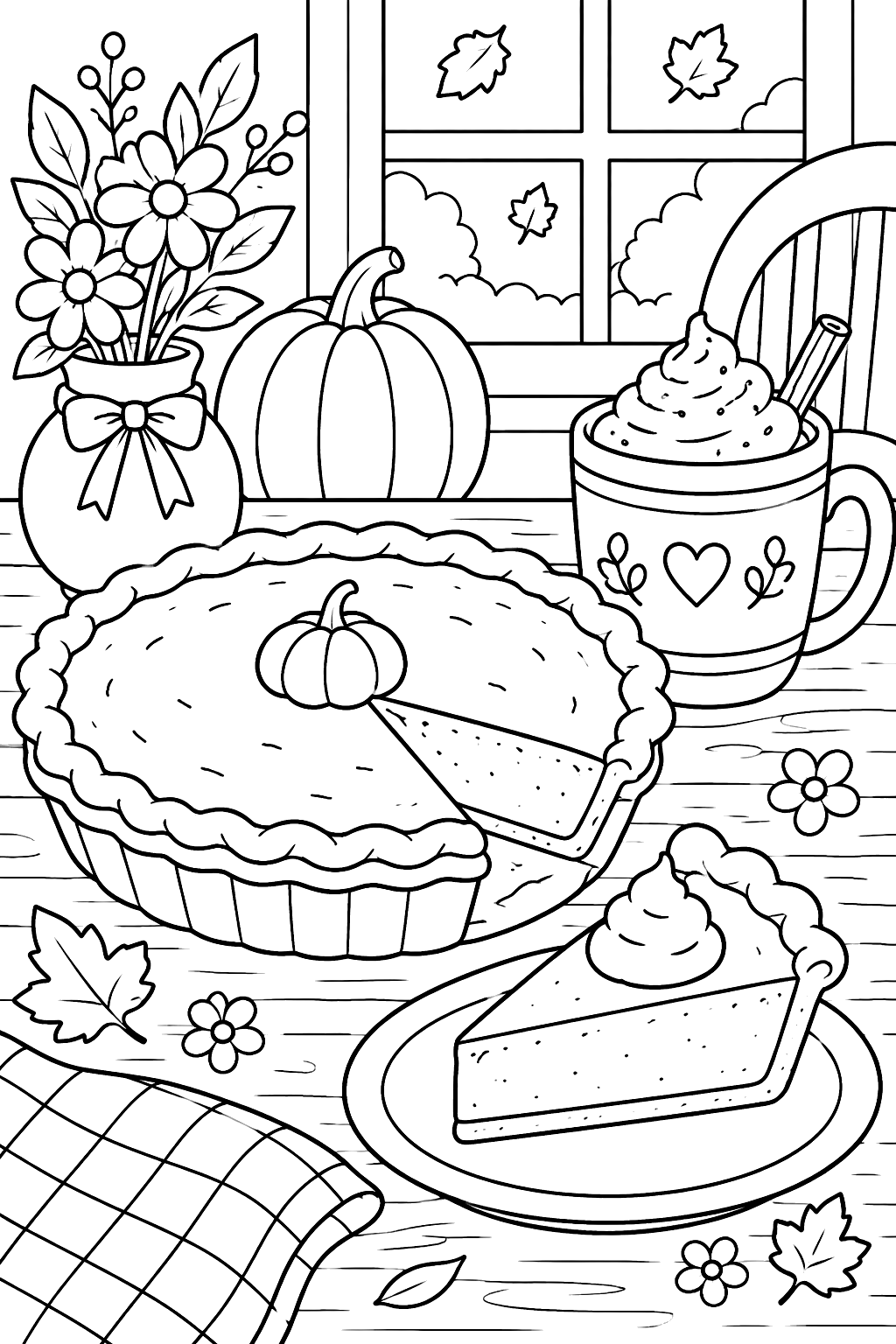 a pumpkin pie on a table with a slice cut out and a mug coloring page