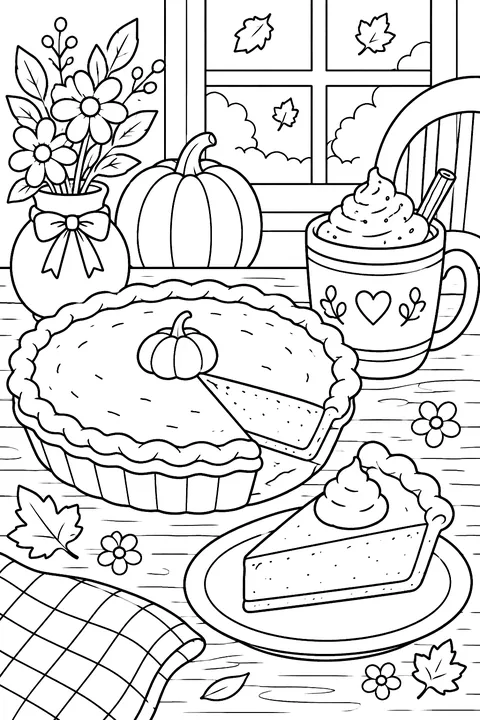 a pumpkin pie on a table with a slice cut out and a mug coloring page