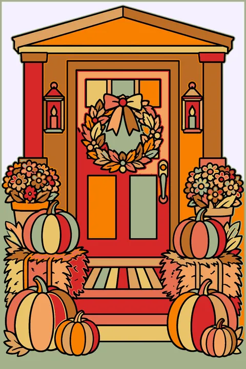 a front porch decorated with pumpkins, hay bales and a wreath coloring page