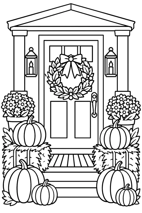 a front porch decorated with pumpkins, hay bales and a wreath coloring page