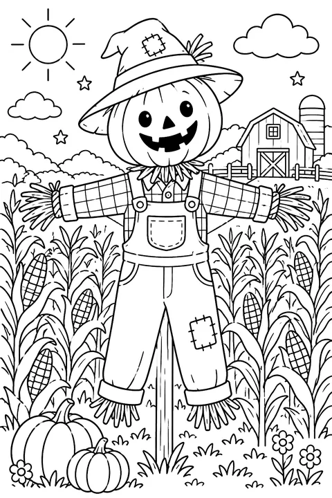 a scarecrow with a pumpkin head in a cornfield coloring page
