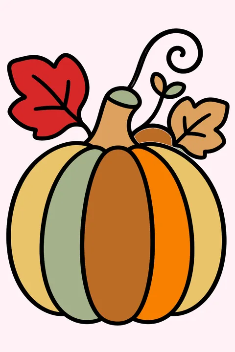 a round pumpkin with ridges, a curly vine, two leaves and a small sprout coloring page