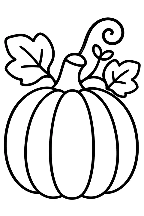 a round pumpkin with ridges, a curly vine, two leaves and a small sprout coloring page
