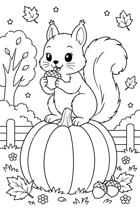 a squirrel sitting on a pumpkin eating an acorn coloring page