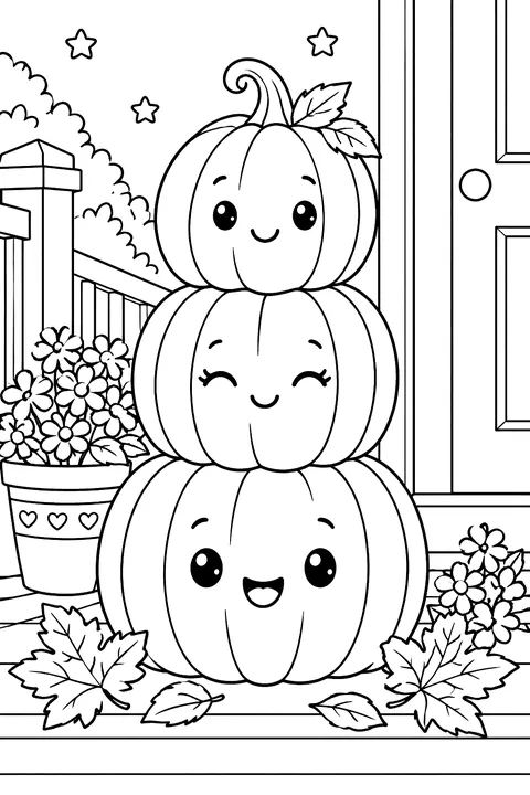 a stack of three pumpkins on a porch step with leaves coloring page
