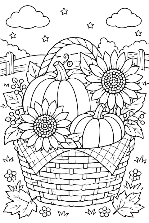 pumpkins and sunflowers in a harvest basket coloring page