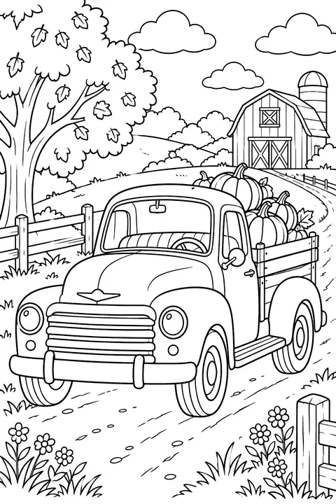 a vintage pickup truck carrying pumpkins down a country road coloring page